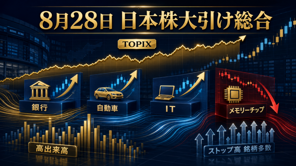 8月28日の日本株大引け総合｜TOPIX7連騰、キオクシア8.76％安と資金移動