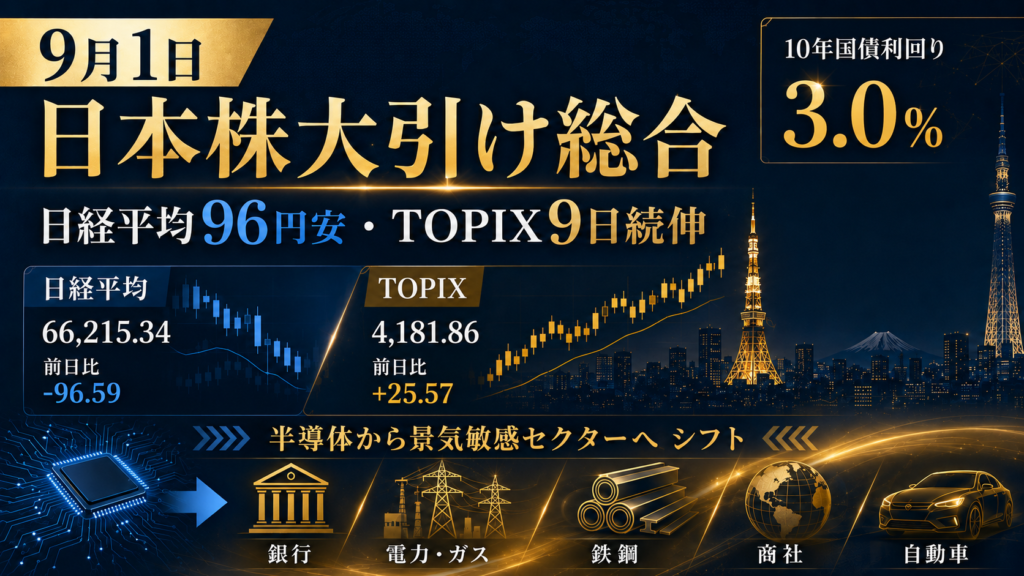 日本株大引け総合｜日経平均96円安、TOPIX9日続伸と長期金利3％